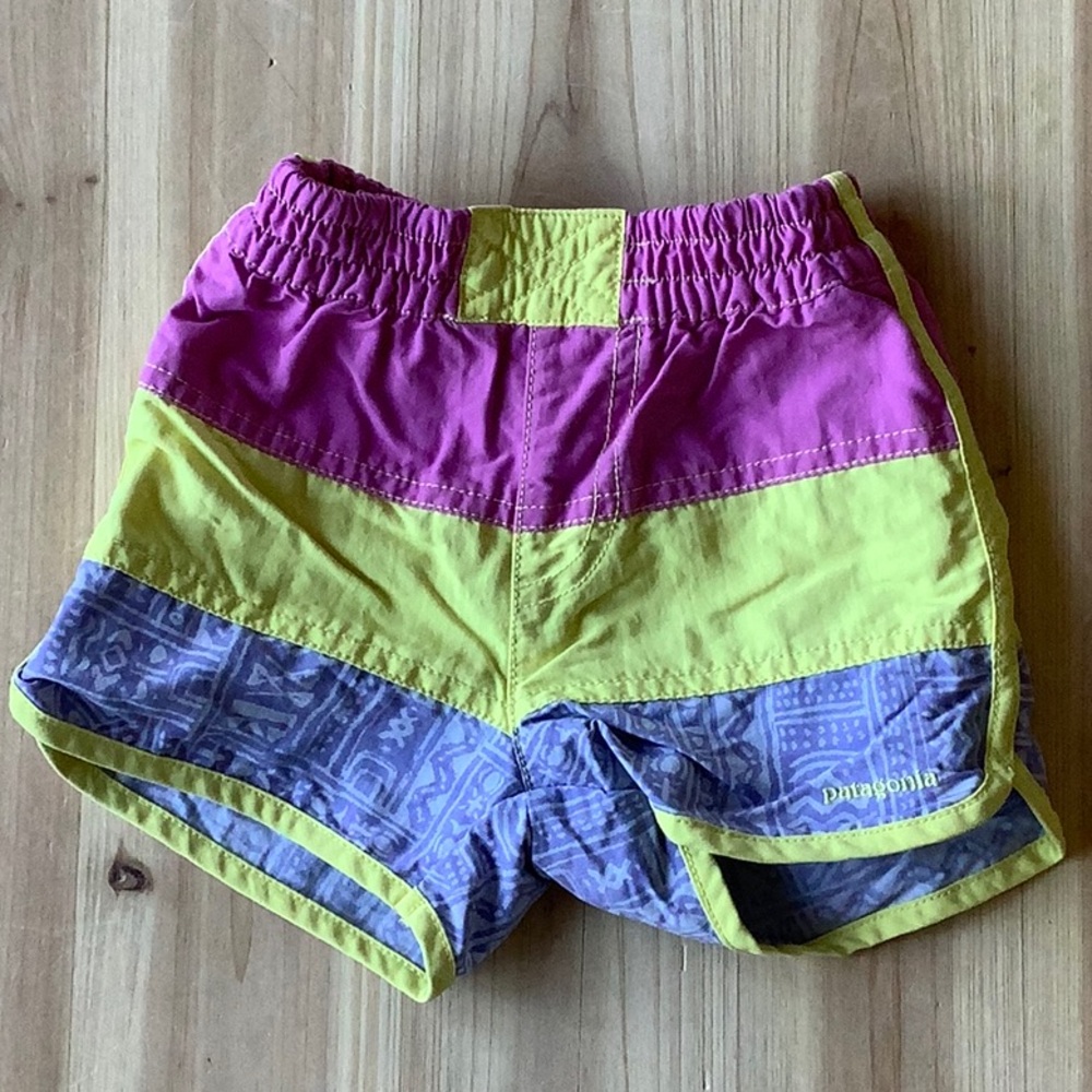 Patagonia Baggies Kids Retro Pink Blue and Yellow Patterned Board Shorts 2T